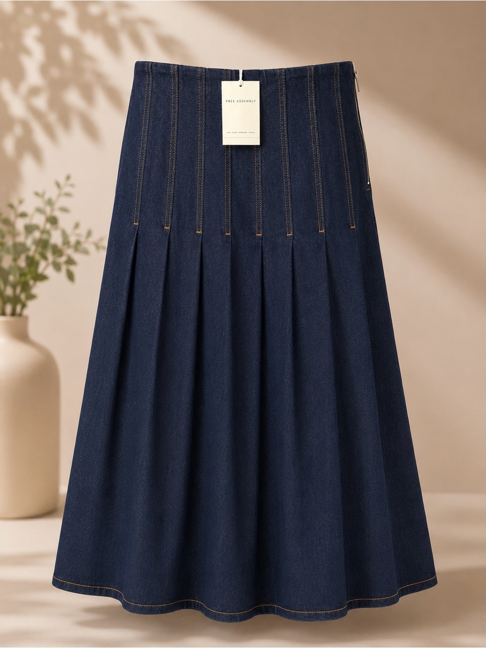 NEW: Free Assembly - Denim Pleated Midi Skirt